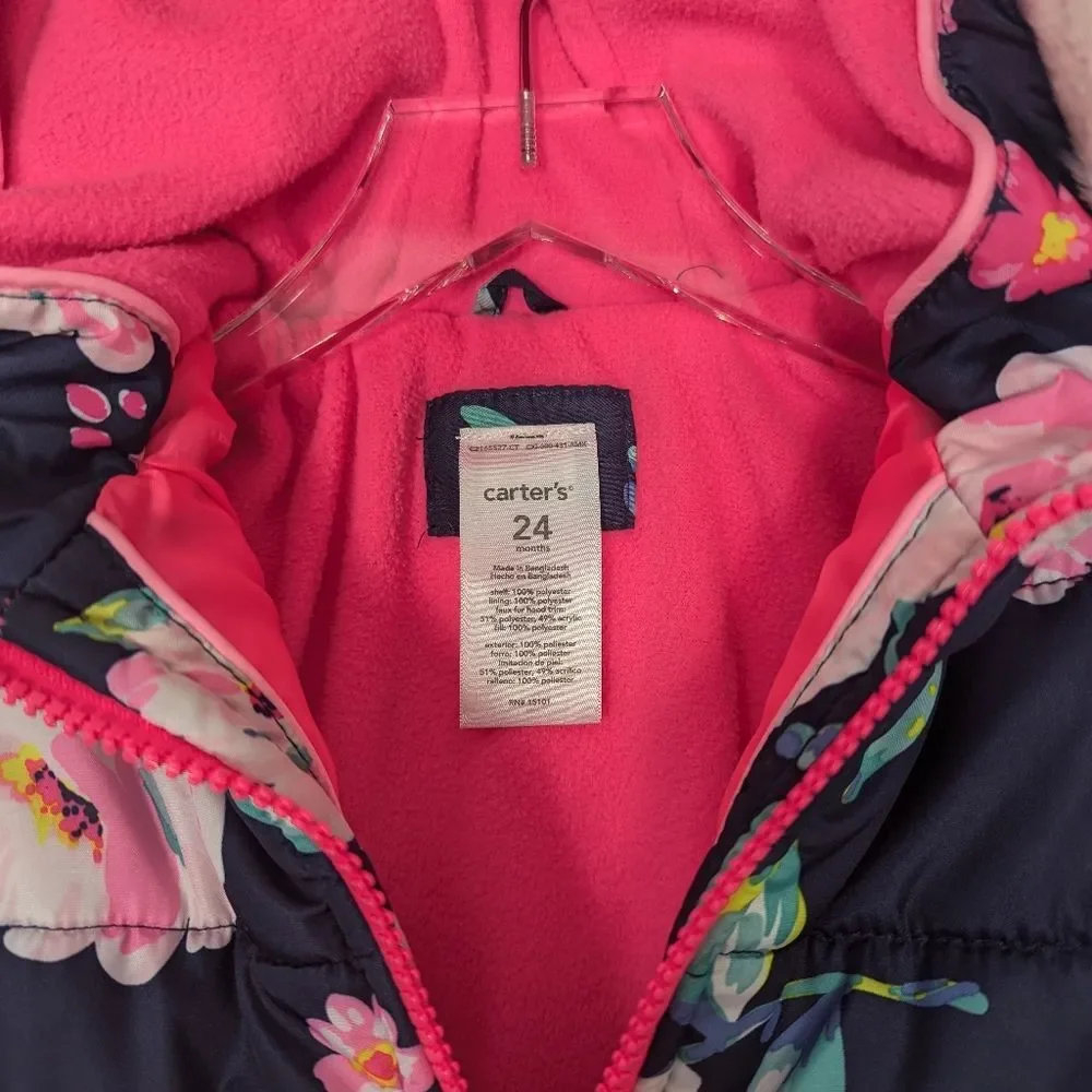 Carter's Blue Pink Floral Toddler Girl Puffer Jacket 24 Months